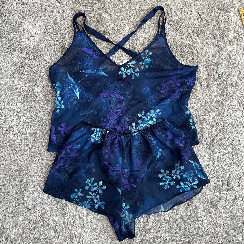 Katherine Bishop 2pc Lingerie Set L Blue Floral Sheer Strappy Cami Flutter Short